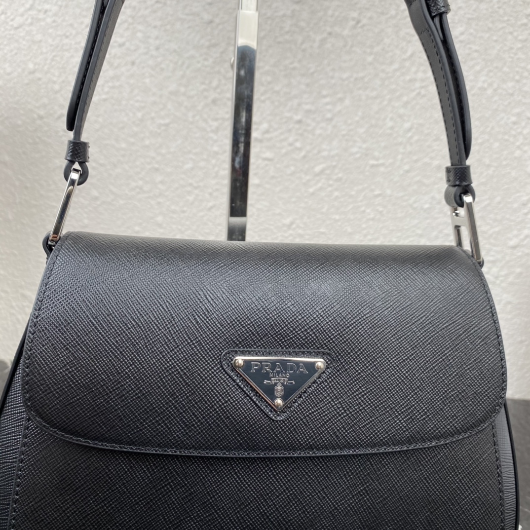 Prada Cleo Brushed Leather Shoulder Bag With Flap Black 1BD303